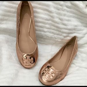 TORY BURCH Reva Leather Rose Gold Flats W US 8 1/2